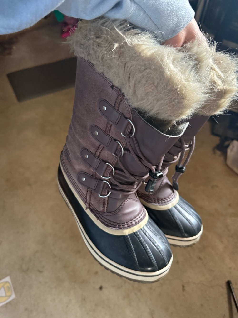 Sorel kids size 3  Brown Faux-Fur Trim Waterproof Winter Boots with Black Toe
